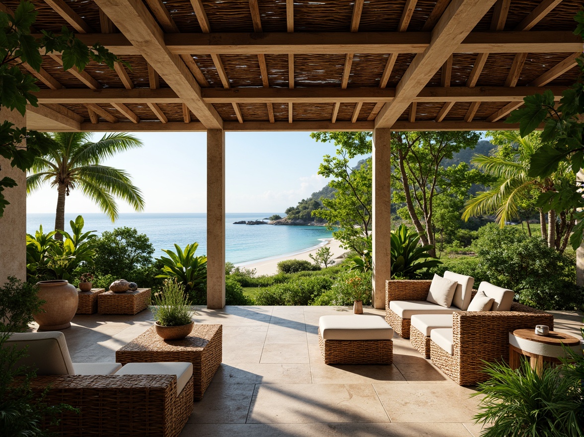 Prompt: Tropical island villa, lush greenery, exotic flowers, natural stone walls, wooden accents, bamboo textures, rattan furniture, woven fibers, ocean views, sandy beaches, crystal-clear waters, palm tree silhouettes, warm sunny day, soft diffused lighting, shallow depth of field, 1/1 composition, intimate scale, realistic materials, ambient occlusion.