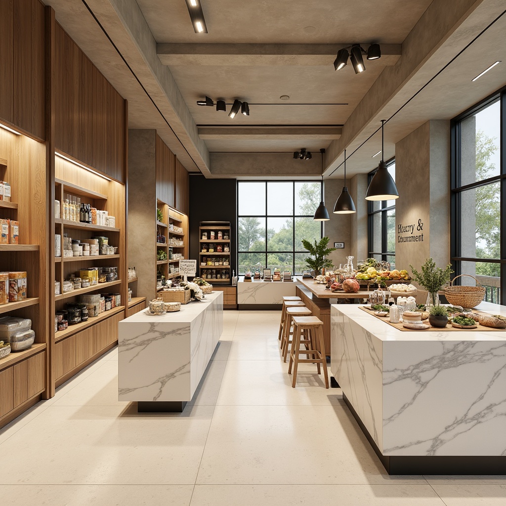 Prompt: Monochromatic grocery store interior, white marble countertops, warm beige shelving units, natural wood accents, industrial metal racks, earthy tone walls, creamy flooring, minimalist product displays, clean typography, Scandinavian-inspired design, soft diffused lighting, subtle shadows, 1/1 composition, realistic textures, ambient occlusion.