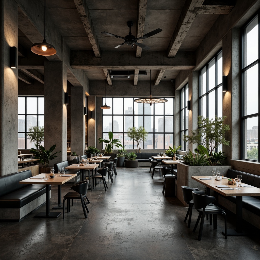 Prompt: Rugged brutalist dining room, exposed concrete walls, raw steel beams, industrial-style lighting fixtures, reclaimed wood tables, chunky metal chairs, minimalist decor, monochromatic color scheme, dramatic shadows, high ceilings, large windows, urban cityscape views, overcast daylight, softbox lighting, 1-point perspective composition, cinematic mood, realistic textures, subtle ambient occlusion.