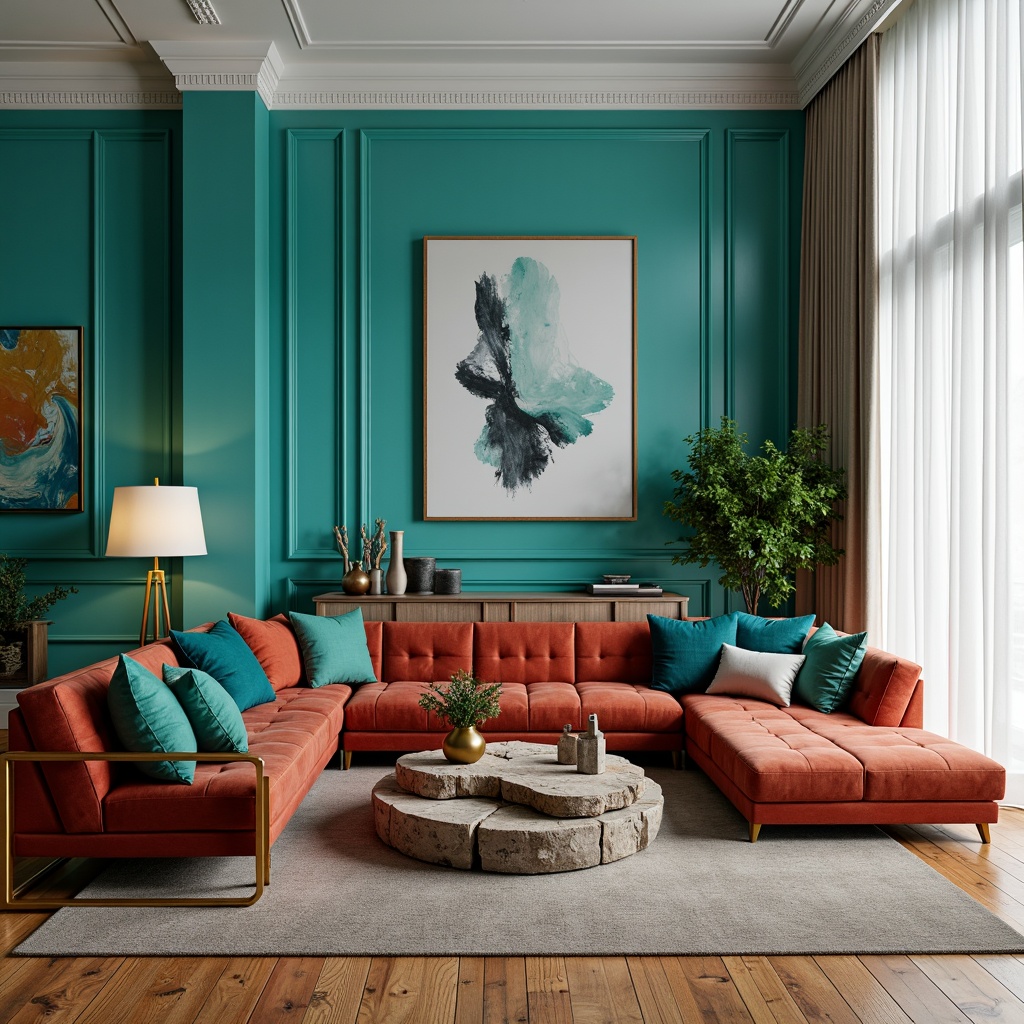 Prompt: Vibrant living room, bold turquoise accent walls, plush velvet furniture, golden metal frames, rich wood flooring, natural stone coffee tables, abstract art pieces, floor-to-ceiling windows, sheer white curtains, warm ambient lighting, 1/1 composition, shallow depth of field, realistic textures, soft focus effect.