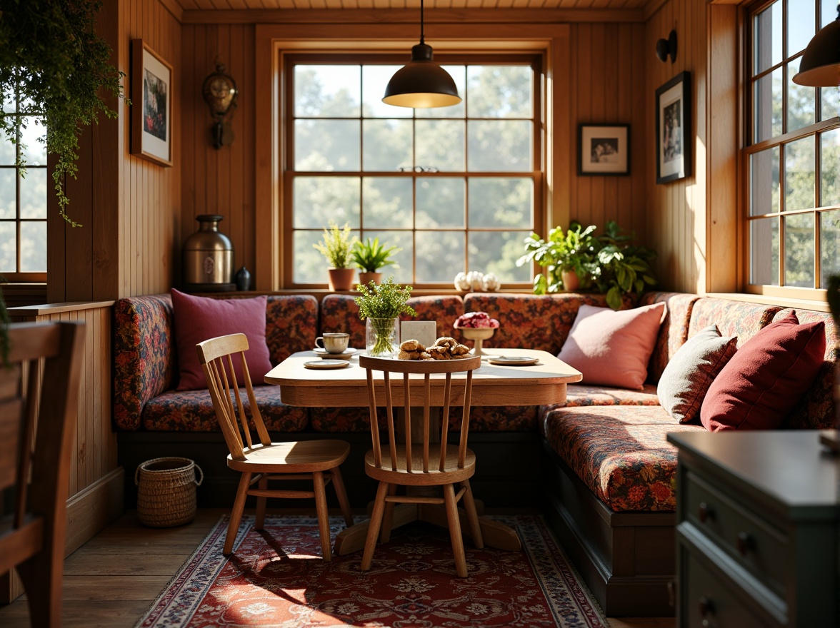 Prompt: Cozy breakfast nook, vintage wooden table, mismatched chairs, eclectic decorative objects, colorful textiles, vibrant patterned rugs, plush throw pillows, natural woven baskets, warm golden lighting, soft morning ambiance, 1/1 composition, intimate close-up shots, realistic fabric textures, subtle depth of field.