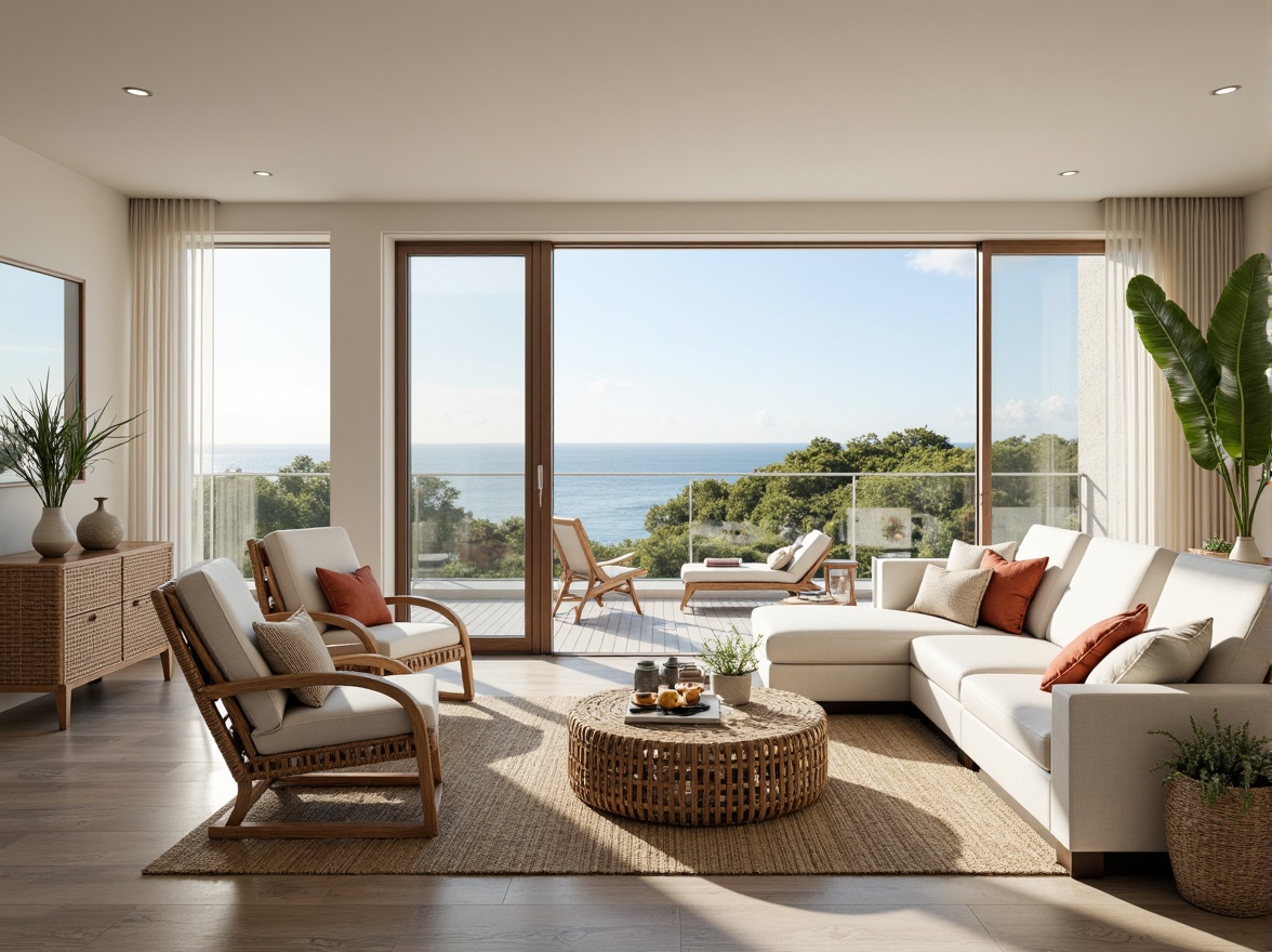 Prompt: Coastal living room, ocean-inspired decor, natural textures, driftwood furniture, sea-glass accents, soft calming colors, plush sectional sofa, woven rattan coffee table, jute rug, floor-to-ceiling windows, sliding glass doors, unobstructed views, airy atmosphere, abundant natural light, warm sunny day, gentle ocean breeze, 1/1 composition, realistic renderings, ambient occlusion.