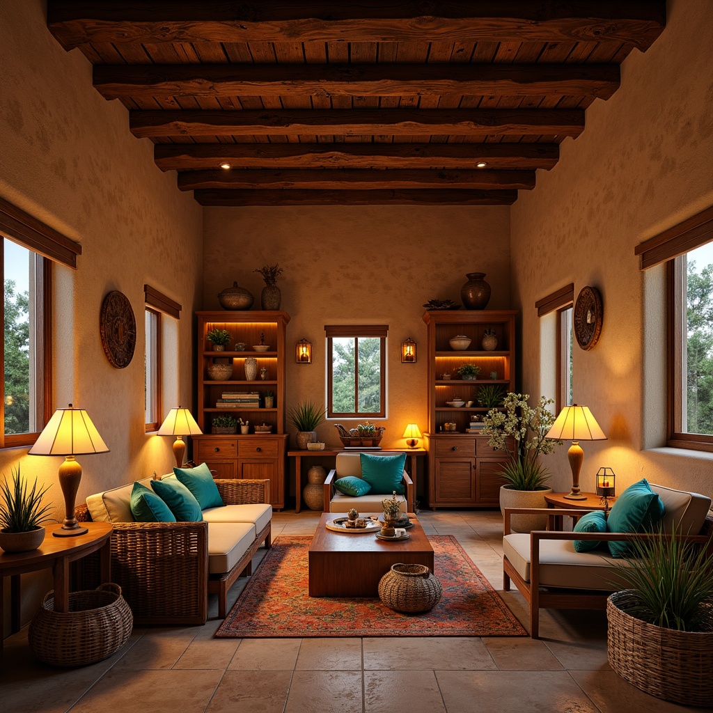 Prompt: Warm southwestern interior, earthy tones, rustic wooden beams, natural stone walls, woven textiles, vibrant turquoise accents, cozy candlelight, soft warm glow, table lamps with ceramic shades, pendant lights with wicker details, floor lamps with rattan baskets, LED strip lighting under shelves, recessed ceiling lights, ambient warm illumination, 1/1 composition, shallow depth of field, realistic textures, subtle shadows.