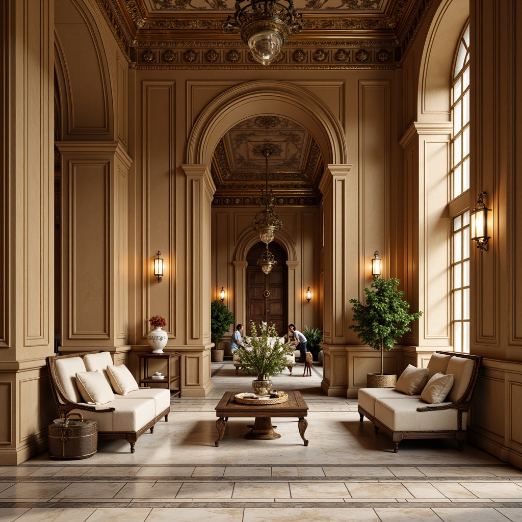 Prompt: Elegant classic interior, rich wood tones, warm beige walls, ornate gold accents, luxurious velvet fabrics, subtle cream textures, intricate marble patterns, refined bronze details, soft warm lighting, 3/4 composition, shallow depth of field, realistic textures, ambient occlusion.