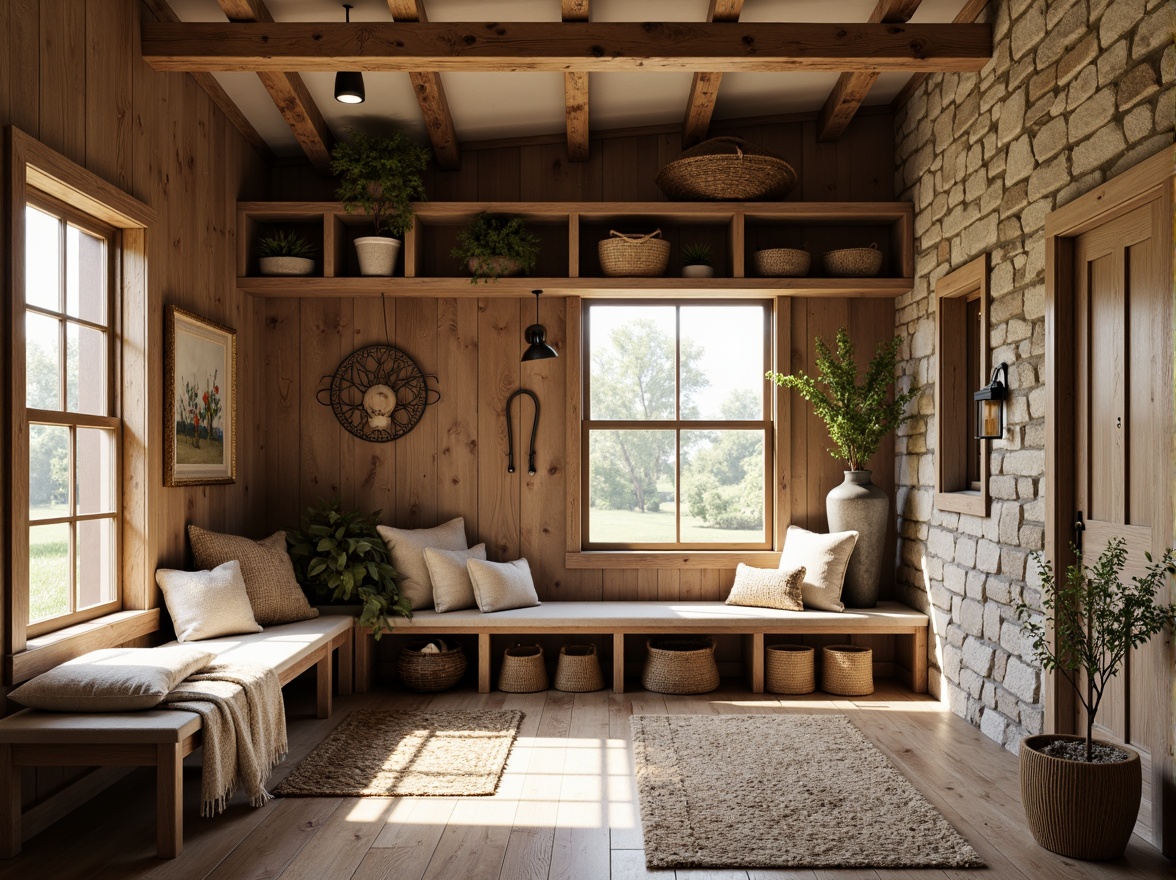 Prompt: Rustic mudroom, farmhouse decor, stylish bench seating, reclaimed wood, natural stone walls, vintage metal accents, woven baskets, earthy color palette, soft warm lighting, shallow depth of field, 1/2 composition, rustic textiles, cozy throw blankets, woven rugs, wooden beams, distressed finishes, country-chic ambiance, morning sunlight, serene atmosphere.