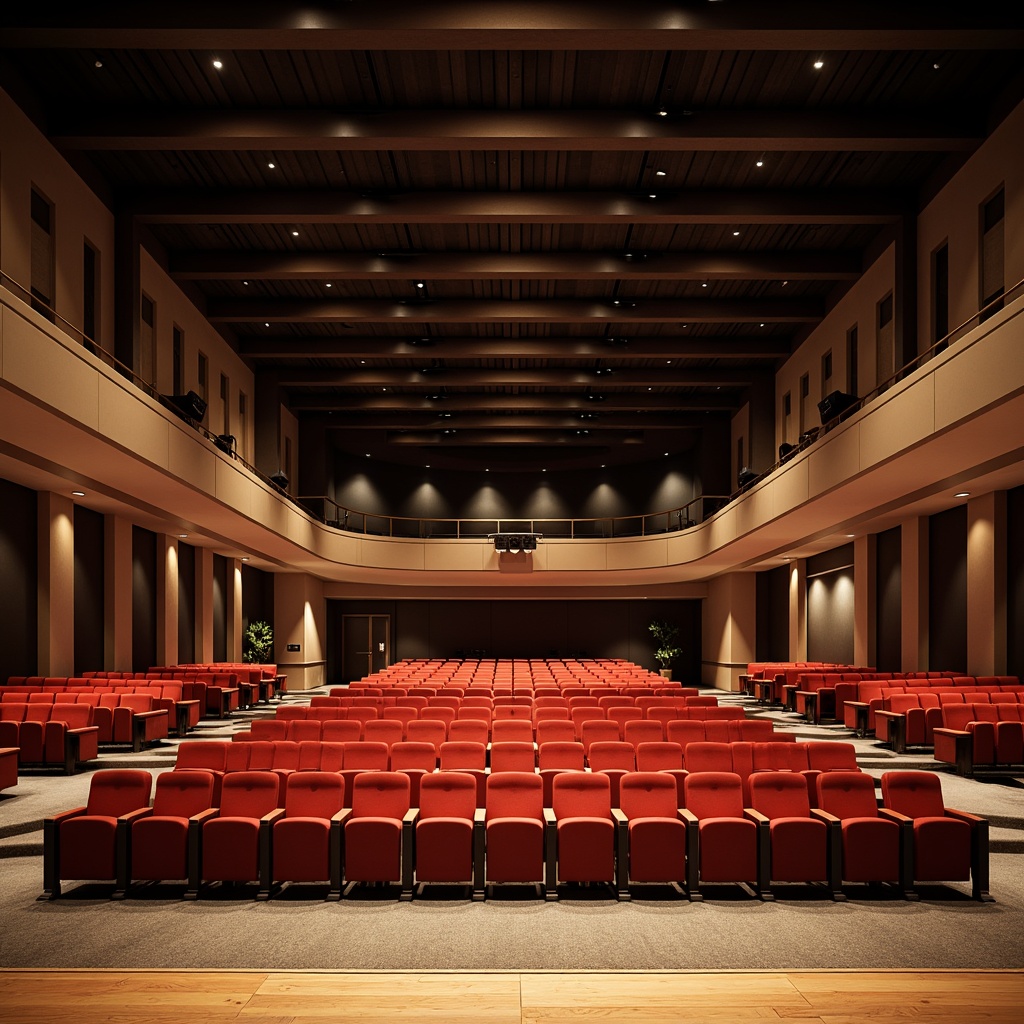 Prompt: Modern auditorium interior, sleek metal chairs, ergonomic design, plush red velvet seats, wooden flooring, minimalist stage, professional sound equipment, subtle ambient lighting, dramatic spotlights, curved rows, intimate setting, warm beige walls, acoustic panels, polished chrome accents, sophisticated ambiance, 1/1 composition, realistic textures, soft box seating, aisle carpeting.