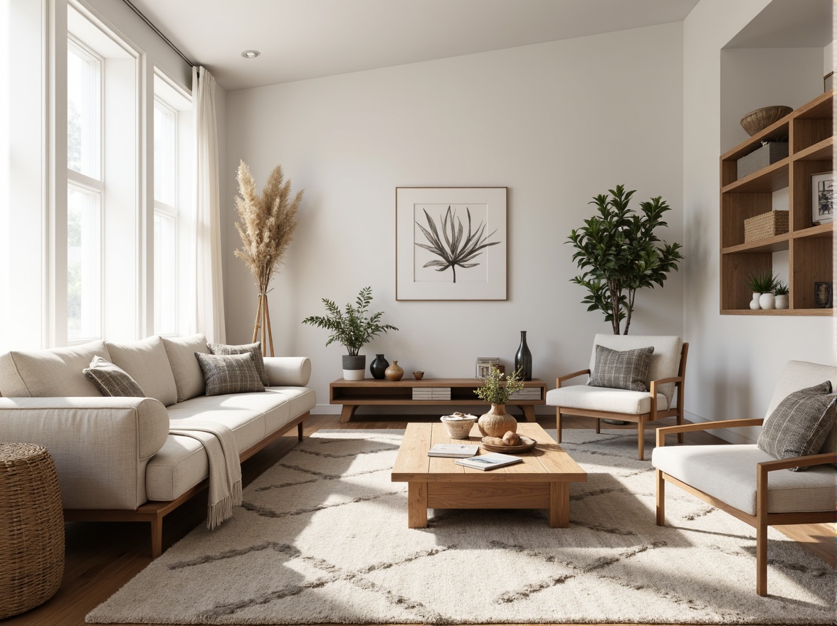 Prompt: Minimalist living room, soft Nordic lighting, plush area rugs, natural wood accents, woven baskets, geometric patterns, monochromatic color scheme, industrial-chic metal decor, cozy throw blankets, abstract artwork, sleek wooden furniture, textured linen upholstery, subtle botanical prints, rustic wooden shelves, creamy whites, warm beige tones, airy atmosphere, shallow depth of field, 1/2 composition, soft focus effect.