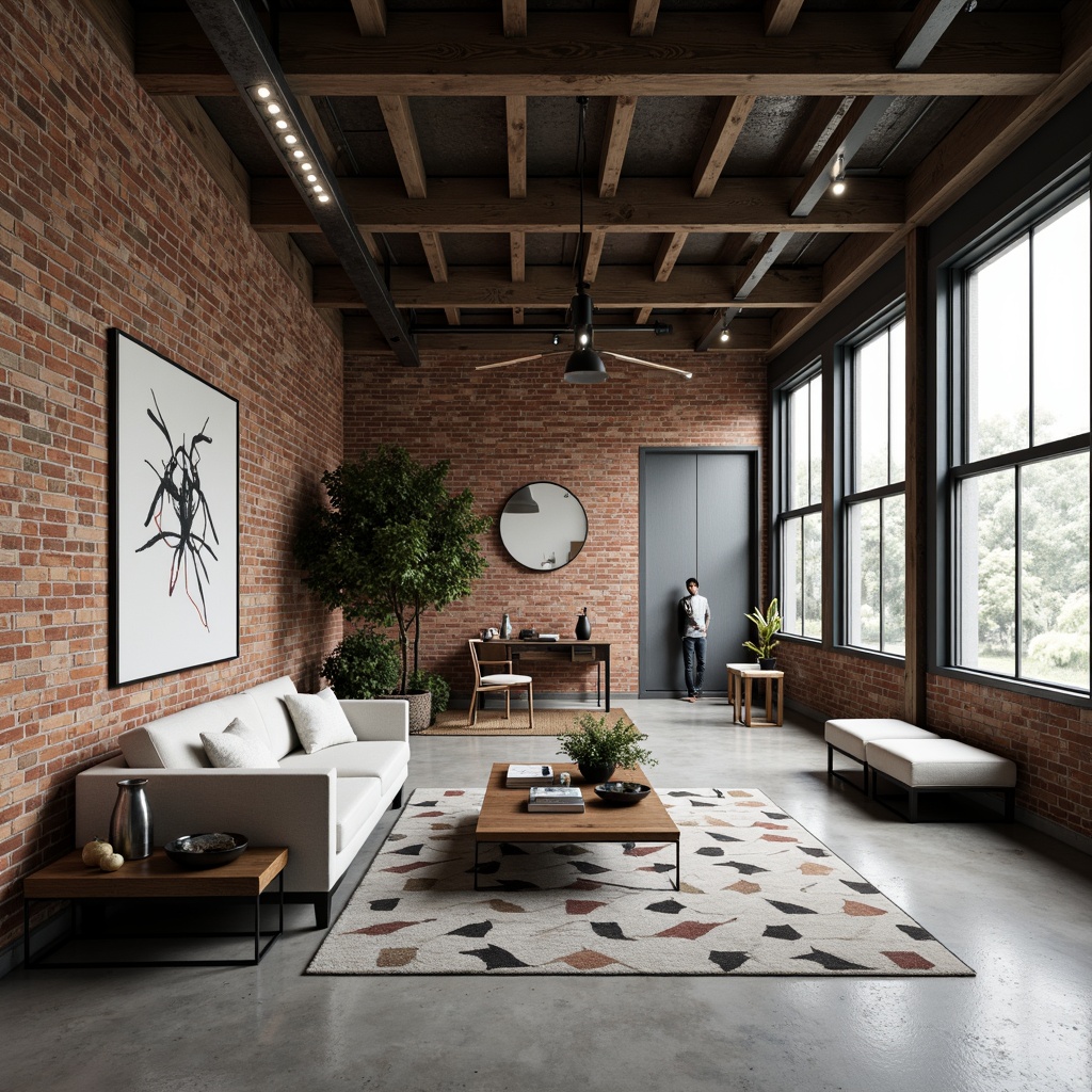 Prompt: Exposed brick walls, metal beams, industrial lighting fixtures, reclaimed wood accents, minimalist color palette, monochromatic tones, raw concrete floors, functional furniture pieces, sleek low-profile sofas, industrial-chic coffee tables, geometric-patterned rugs, abstract modern art, oversized windows, natural light pouring in, airy open spaces, subtle texture contrasts, cozy reading nooks, warm ambient lighting, 1/1 composition, shallow depth of field, realistic material textures.