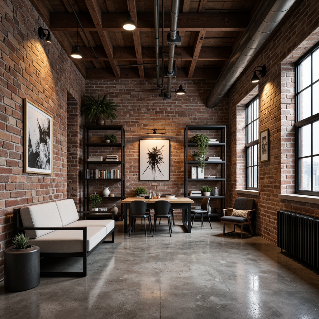 Prompt: Exposed brick walls, reclaimed wood accents, polished concrete floors, metallic finishes, industrial-style lighting fixtures, urban loft atmosphere, modern minimalist decor, neutral color palette, distressed textures, edgy architectural details, abstract artwork, functional shelving units, industrial-chic furniture pieces, matte black metal frames, soft warm lighting, shallow depth of field, 1/2 composition, realistic renderings.