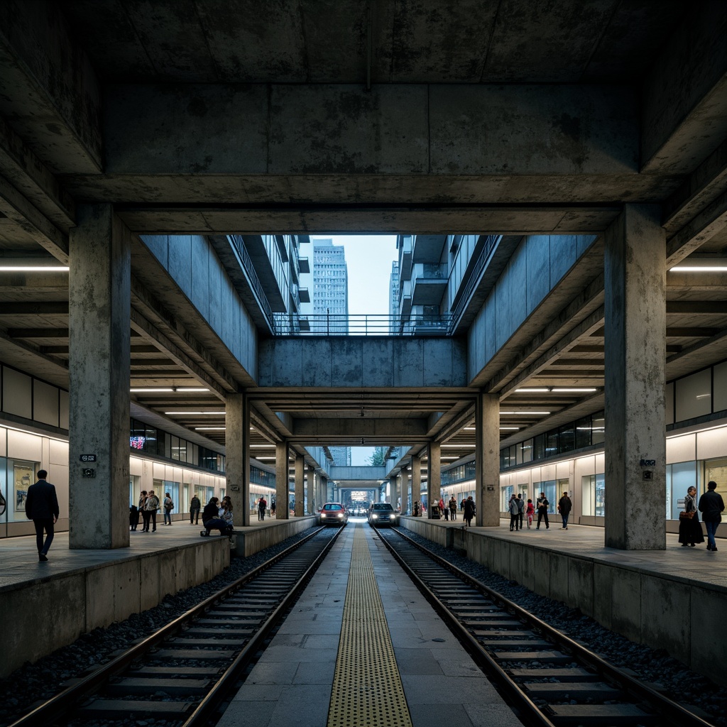 Prompt: Underground metro station, industrial chic atmosphere, exposed concrete walls, steel beams, metallic accents, urban modern architecture, brutalist design, raw textures, dimly lit platforms, futuristic LED lighting, sleek trains, urban cityscape views, morning rush hour, busy pedestrian traffic, dynamic camera movements, shallow depth of field, 2/3 composition, cinematic mood, high-contrast color grading, realistic ambient noise.