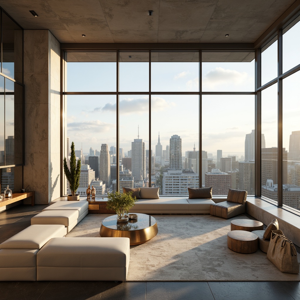 Prompt: Luxurious penthouse, breathtaking city view, modern minimalist interior, sleek metal accents, floor-to-ceiling windows, neutral color palette, soft cream tones, rich charcoal grays, warm beige textures, subtle gold highlights, ambient warm lighting, shallow depth of field, 1/2 composition, realistic reflections, detailed material textures.