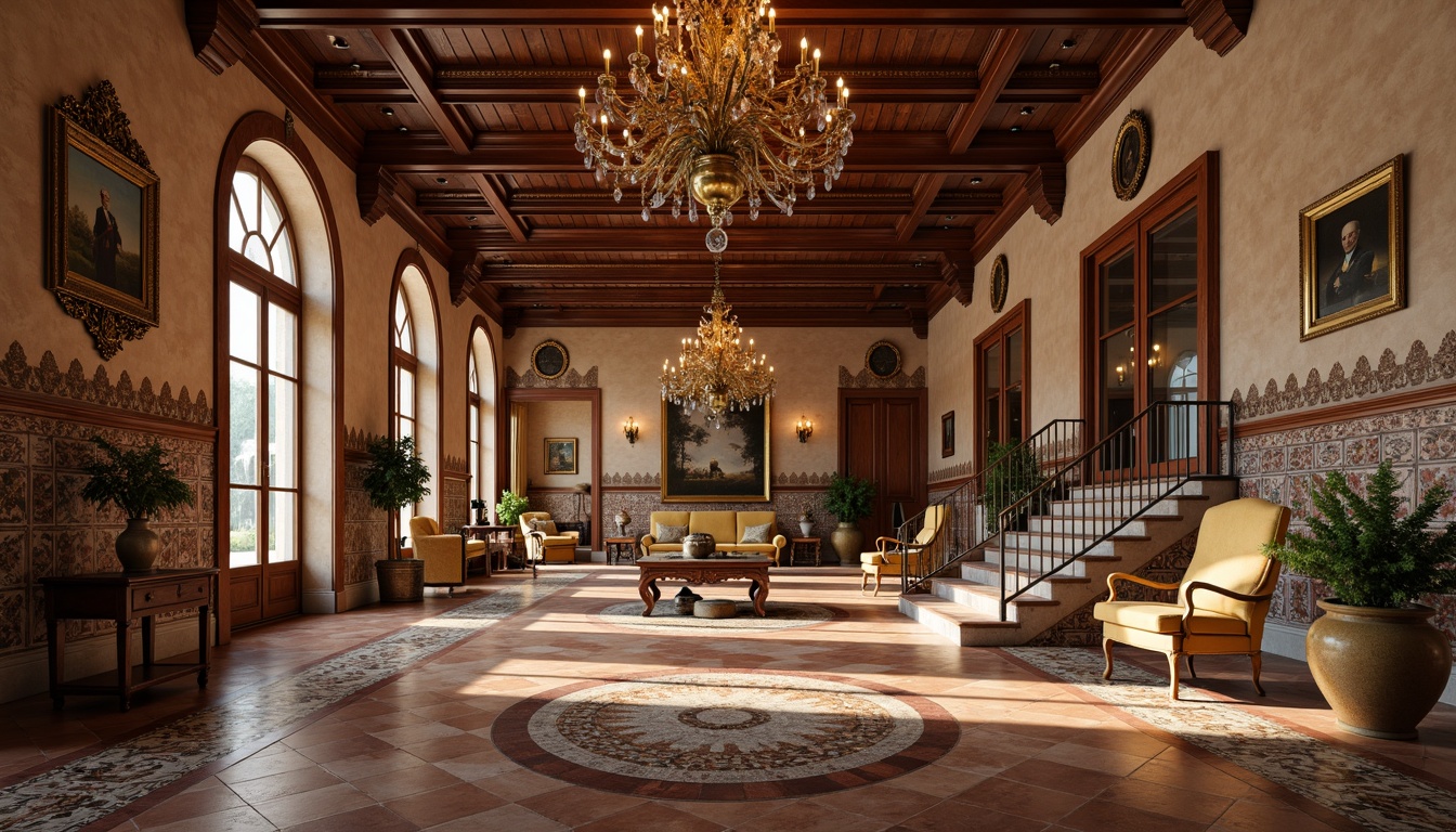 Prompt: Luxurious Renaissance-style mansion, intricately patterned marble floors, ornate stone inlays, warm terracotta tiles, polished hardwood flooring, richly stained walnut panels, grand chandeliers, opulent furnishings, lavish textiles, regal color palette, dramatic archways, sweeping staircases, ornate ceiling details, soft diffused lighting, shallow depth of field, 1/1 composition, realistic textures, ambient occlusion.