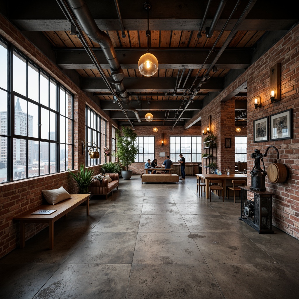 Prompt: Rustic industrial warehouse, exposed brick walls, metal beam ceilings, reclaimed wood flooring, distressed concrete textures, urban cityscape views, functional metal pipes, vintage machinery displays, Edison bulb lighting, natural stone accents, minimalist decor, neutral color palette, atmospheric fog effects, shallow depth of field, 2/3 composition, cinematic camera angles, realistic metallic reflections.