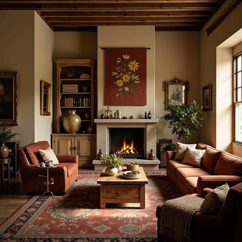 Prompt: Cozy traditional living room, plush velvet sofas, rustic wooden coffee tables, vintage armchairs, soft beige walls, warm golden lighting, crackling fireplace, rich tapestries, luxurious woven rugs, natural fiber upholstery, classic floral patterns, subtle stripes, earthy tones, comfortable pillows, chunky knit blankets, autumnal colors, inviting atmosphere, shallow depth of field, 1/1 composition, warm color palette, soft focus, ambient occlusion.