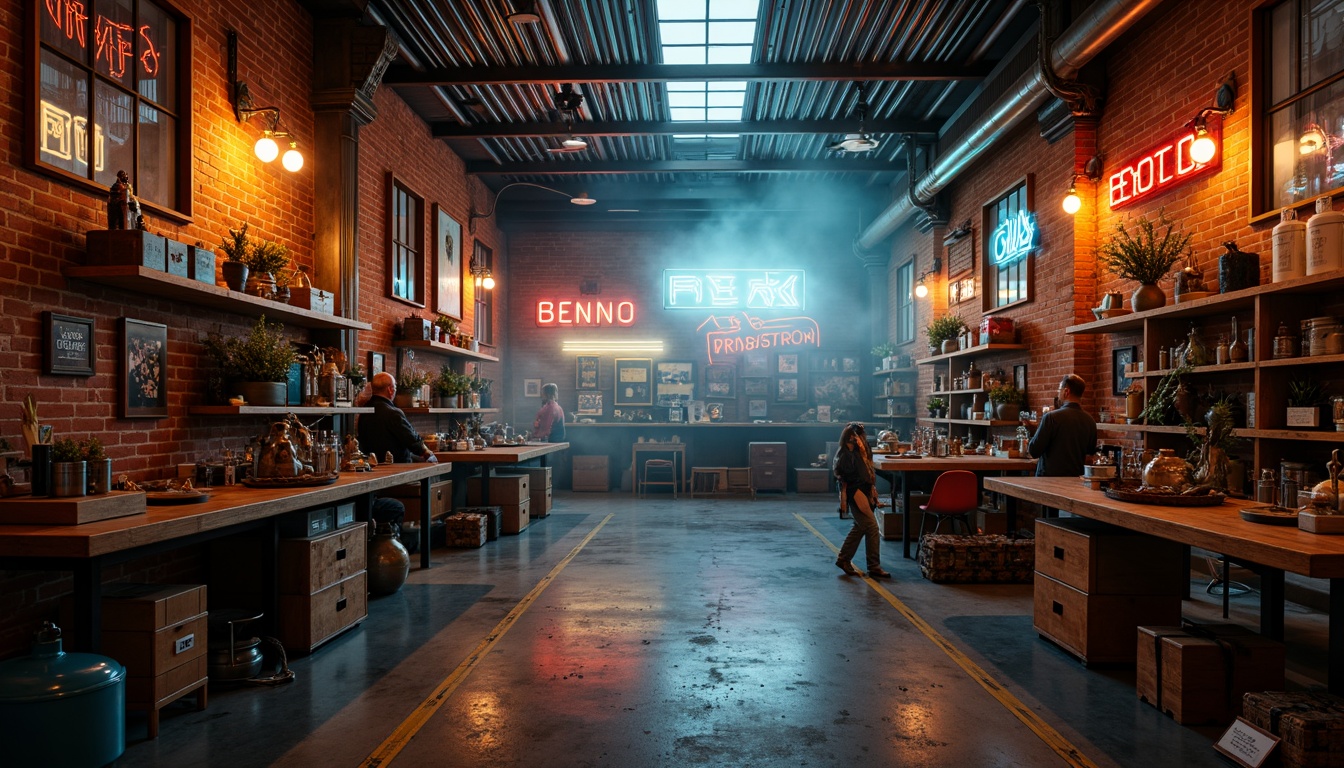 Prompt: Retro-futuristic storage room, exposed brick walls, metal grated ceiling, reclaimed wood shelving, industrial-style lighting fixtures, neon-lit signs, eclectic decorative objects, distressed finishes, bold color accents, atmospheric fog, warm softbox lighting, low-key sidelighting, dramatic shadows, 1/2 composition, symmetrical framing, realistic textures, ambient occlusion.