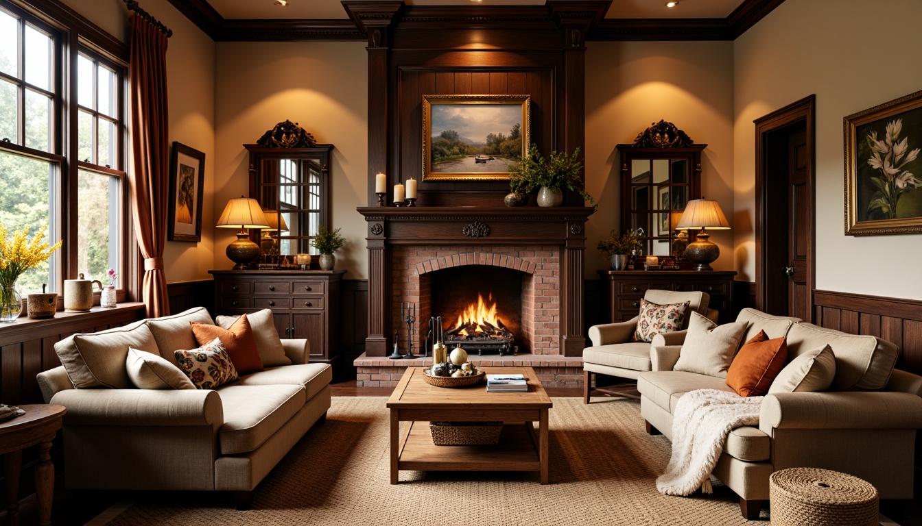 Prompt: Cozy traditional living room, warm earthy tones, plush velvet sofas, vintage armchairs, rich wood accents, intricate carvings, soft golden lighting, rustic brick fireplace, woven natural fiber rugs, comfortable oversized pillows, luxurious Sherpa throws, classic floral patterns, subtle stripes, warm beige walls, dark wood paneling, ornate mirrors, antique furniture pieces, crackling fire sounds, inviting scents.