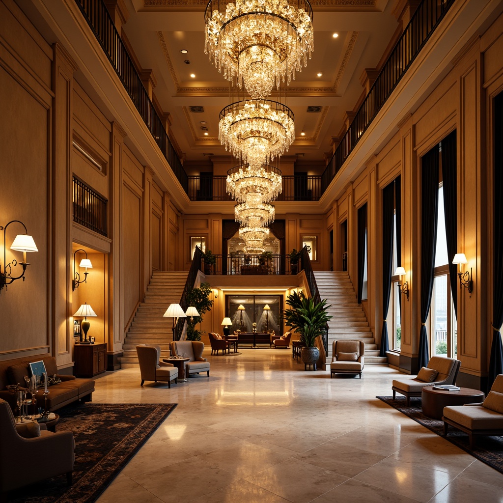 Prompt: Elegant hotel lobby, ornate chandeliers, crystal droplets, luxurious marble floors, grand staircases, rich wood paneling, classic Greek columns, warm golden lighting, soft ambient glow, floor lamps with intricate metalwork, table lamps with silk shades, pendant lights with delicate crystals, wall sconces with subtle ornamentation, cozy reading nooks, comfortable lounge seating, lavish drapery, refined color palette, high ceilings, spacious atmosphere, 1/2 composition, warm natural light, realistic reflections.