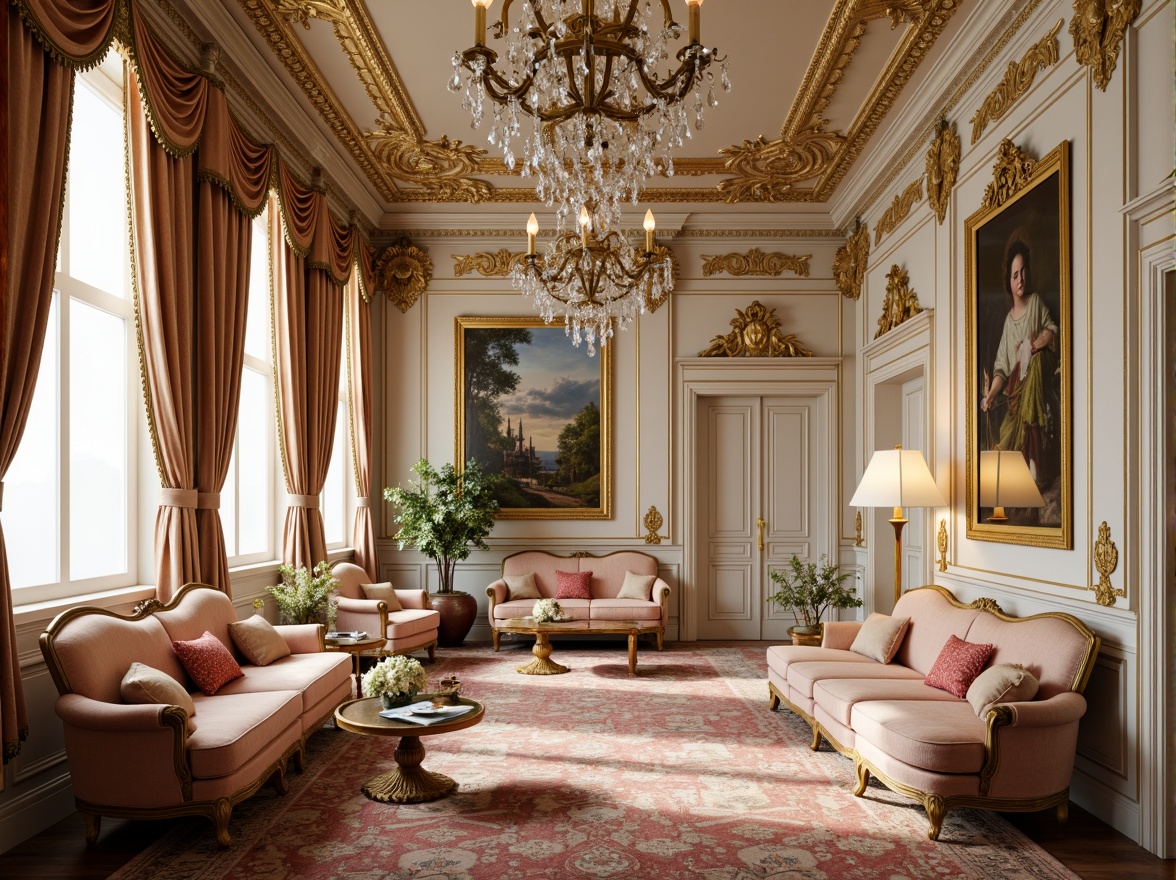 Prompt: Luxurious Rococo-style interior, ornate gold leaf details, intricately carved wooden paneling, soft pastel color palette, lavish velvet upholstery, delicate crystal chandeliers, gilded mirror frames, curved lines and shapes, opulent furnishings, rich tapestries, French Renaissance influences, lavish decorative accents, subtle warm lighting, shallow depth of field, 1/2 composition, ornate moldings, intricate patterns, realistic textures, ambient occlusion.