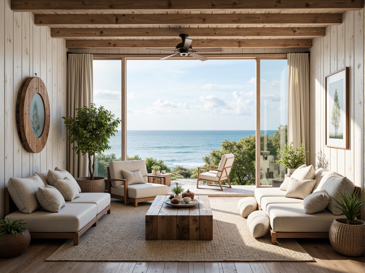 Prompt: Rustic coastal farmhouse, weathered wood accents, soft sandy neutrals, calming seafoam greens, sky blues, warm beige tones, vintage nautical elements, distressed metal finishes, natural linen fabrics, woven jute rugs, driftwood decorative pieces, shiplap wall textures, open airy spaces, abundant natural light, serene ocean views, subtle wave patterns, gentle seaside breezes, warm sunny afternoons, soft focus, 1/2 composition, harmonious color balance.