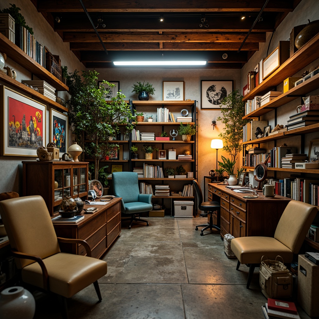 Prompt: Cluttered storage room, eclectic mix of objects, vintage furniture, distressed finishes, bold color blocking, playful textures, abstract artwork, unconventional shelving units, industrial metal racks, reclaimed wood accents, Edison bulb lighting, warm atmospheric glow, shallow depth of field, 1/1 composition, cinematic framing, moody shadows, rich tactile details.