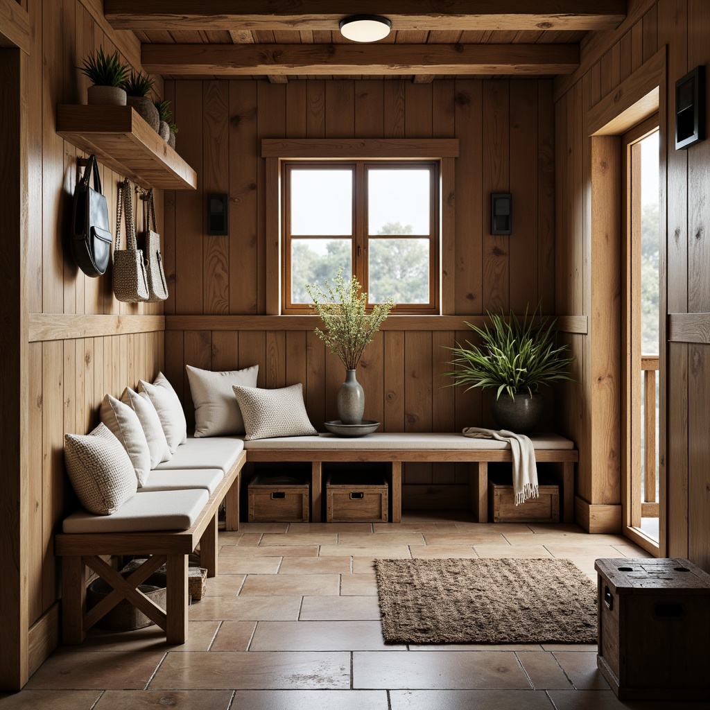 Prompt: Rustic farmhouse mudroom, reclaimed wood benches, plush cushions, vintage metal accents, distressed wooden crates, natural stone flooring, earthy color palette, cozy warm lighting, shallow depth of field, 1/1 composition, realistic textures, ambient occlusion.