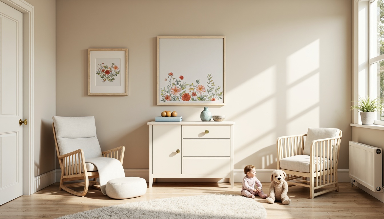 Prompt: Soft pastel hues, gentle nursery ambiance, warm beige walls, creamy white furniture, pale blue accents, delicate floral patterns, natural wood textures, plush area rug, cozy reading nook, calming atmosphere, subtle cream shading, softbox lighting, shallow depth of field, 1/1 composition, realistic textures, ambient occlusion.