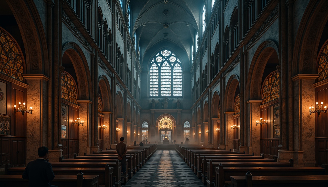 Prompt: Mysterious Gothic cathedral, grandiose vaulted ceilings, ornate stone carvings, stained glass windows, eerie atmospheric lighting, warm candlelight, misty fog effects, mysterious shadows, intricate architectural details, lavish furnishings, dark wood accents, foreboding atmosphere, cinematic composition, shallow depth of field, soft focus, warm color palette, mystical ambiance.