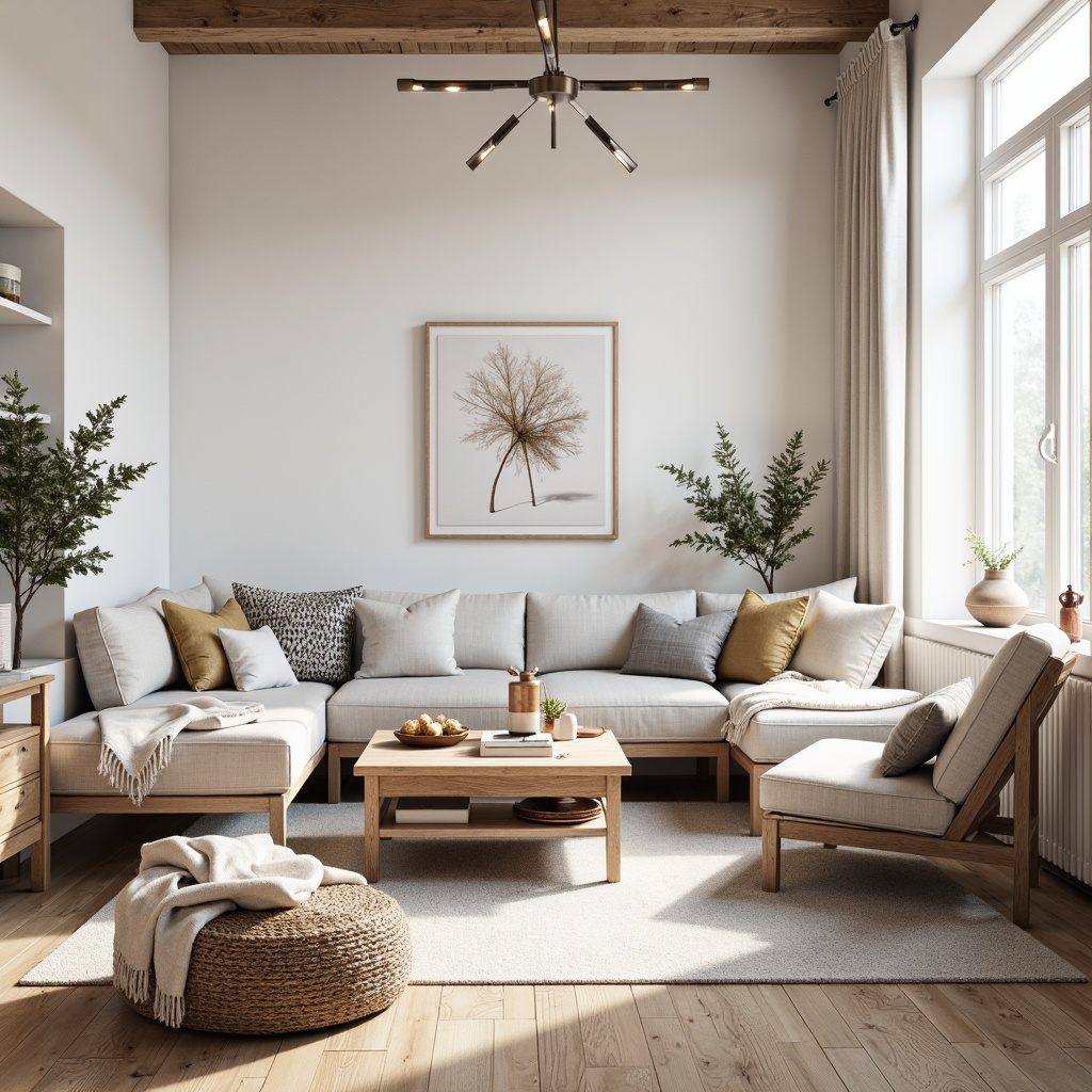 Prompt: Light-filled Nordic living room, creamy whites, soft grays, warm beiges, natural woods, minimalist decor, cozy textiles, plush throw blankets, rustic wooden accents, industrial metal lighting, geometric patterns, nature-inspired motifs, calming ambiance, airy atmosphere, soft diffused light, 1/1 composition, realistic rendering, subtle color gradations.