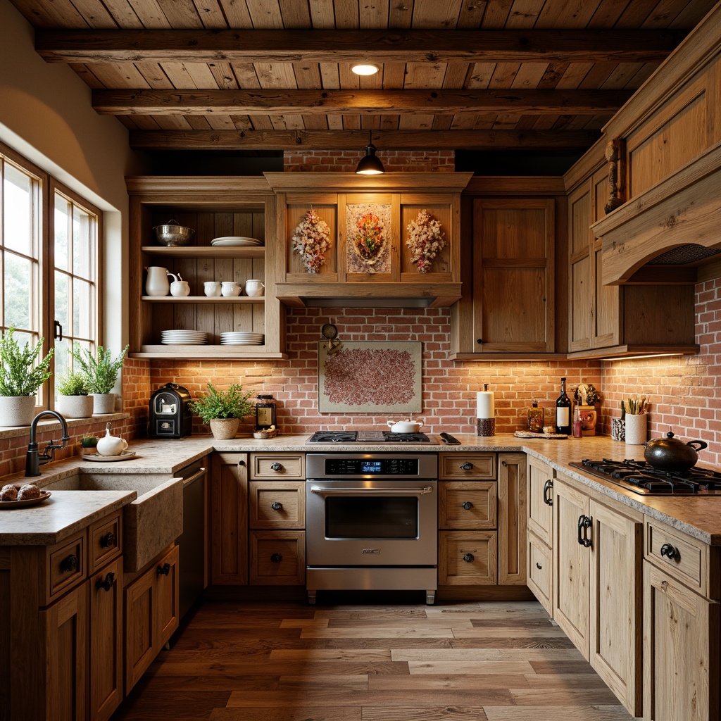 Prompt: Rustic kitchen, warm earthy tones, distressed wood cabinetry, ornate metal hardware, granite countertops, veined patterns, matte finish, soft warm lighting, natural stone backsplash, brick red accents, country-style decor, vintage appliances, wooden floors, traditional craftsmanship, rich textures, cozy atmosphere, 3/4 composition, realistic rendering.