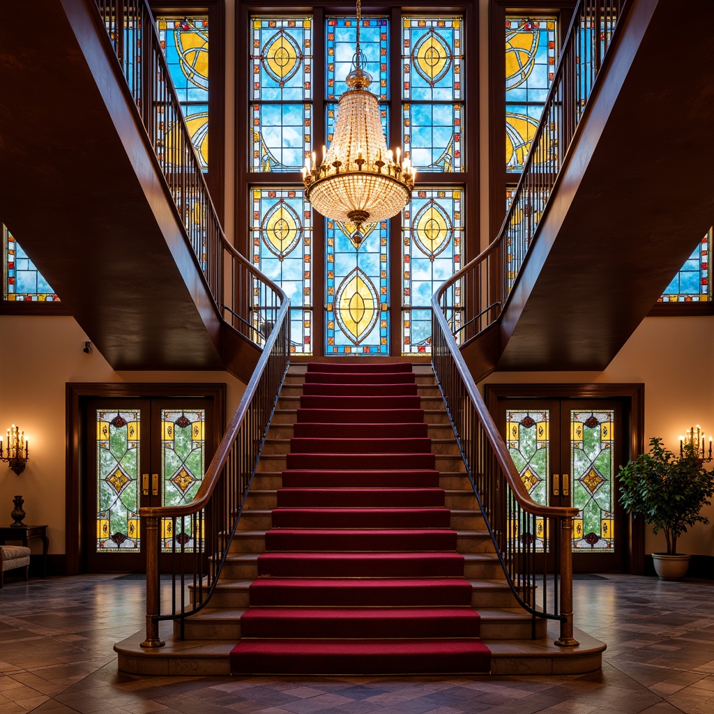 Prompt: Vibrant staircase, ornate stained glass panels, intricate glass patterns, colorful geometric shapes, symmetrical design, luxurious carpeted steps, polished metal handrails, elegant newel posts, grand entrance foyer, opulent chandelier, warm soft lighting, 1/1 composition, shallow depth of field, realistic glass textures, ambient occlusion.