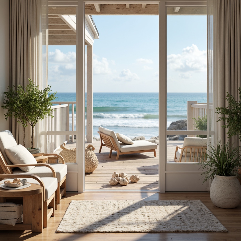 Prompt: Coastal cottage, soft sandy beach, calming ocean waves, seashells, driftwood decor, natural textures, weathered wood accents, crisp white trim, soothing blue hues, muted greenery, coral pink tones, sunny daylight, warm golden lighting, shallow depth of field, 1/1 composition, realistic renderings, ambient occlusion.