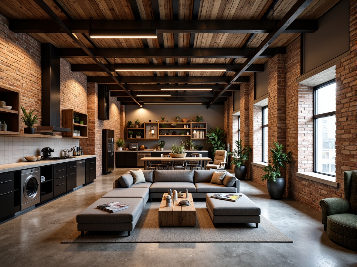 Prompt: Exposed brick walls, high ceilings, industrial-chic decor, reclaimed wood accents, metal beams, urban loft atmosphere, distressed concrete floors, minimalist lighting fixtures, open-plan living spaces, functional shelving units, modern kitchen appliances, sleek countertops, rustic wooden tables, comfortable sectional sofas, cozy reading nooks, warm industrial-style lighting, atmospheric shadows, 1/2 composition, softbox lighting, realistic textures, ambient occlusion.