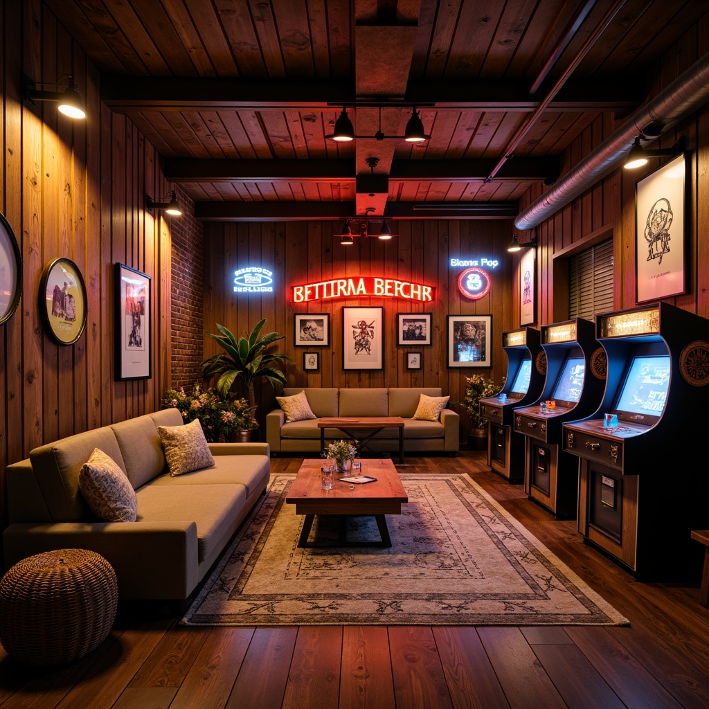 Prompt: Cozy game room, rich wood paneling, plush carpet flooring, comfortable sofas, vintage arcade machines, neon signs, retro posters, industrial metal beams, exposed brick walls, warm ambient lighting, soft box-shaped furniture, woven basket chairs, natural fiber rugs, earthy tone color scheme, realistic wooden textures, shallow depth of field, 1/1 composition, cinematic camera angles.