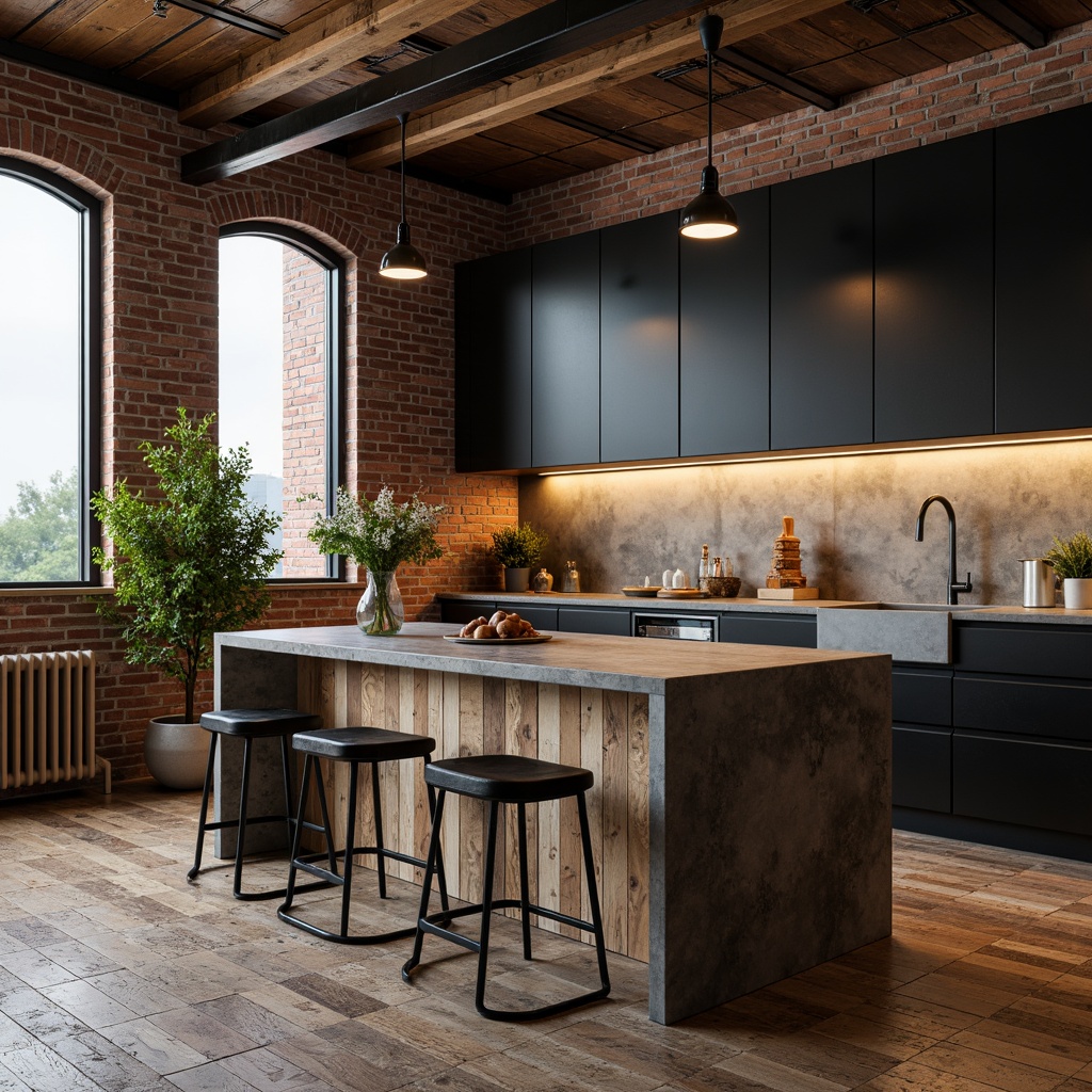 Prompt: Rough-hewn kitchen island, exposed brick walls, distressed wood flooring, industrial metal countertops, weathered stone sink, raw concrete backsplash, matte black cabinets, minimalist lighting fixtures, functional steel shelving, urban loft atmosphere, natural daylight, warm softbox lighting, shallow depth of field, 2/3 composition, gritty textures, ambient occlusion.