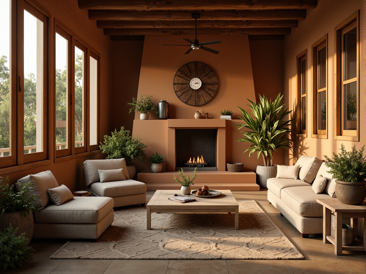 Prompt: Earthy olive tones, natural terracotta accents, soft sienna walls, warm beige furniture, inviting golden lighting, cozy atmosphere, rustic wooden textures, vintage metal decor, lush greenery, outdoor natural surroundings, serene ambiance, shallow depth of field, 1/1 composition, realistic earthy tones, ambient occlusion.