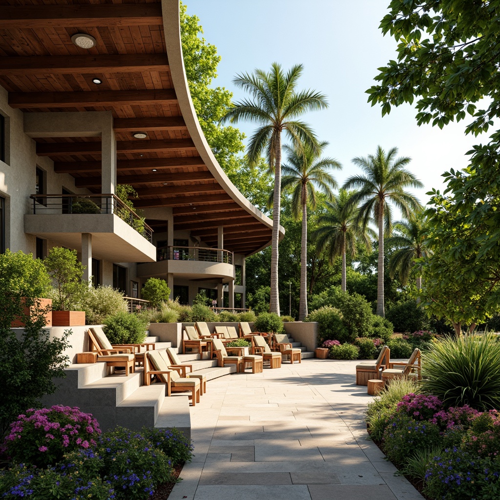 Prompt: Tropical amphitheater, lush greenery, palm trees, vibrant flowers, natural stone seating, wooden accents, curved architecture, open-air design, maximized natural lighting, high ceilings, clerestory windows, skylights, reflective surfaces, warm sunny day, soft diffused light, shallow depth of field, 3/4 composition, panoramic view, realistic textures, ambient occlusion.