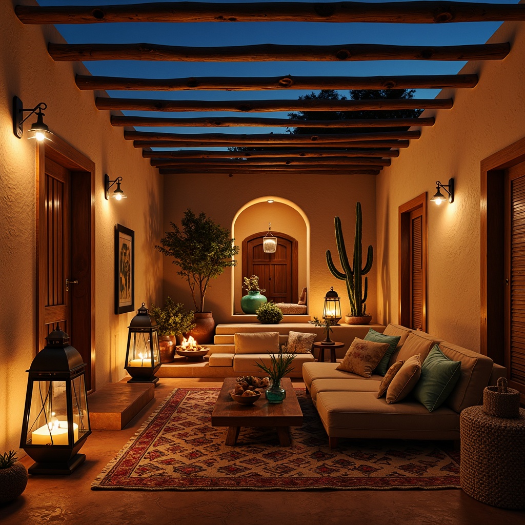 Prompt: Warm desert ambiance, rustic wooden accents, earthy color palette, vintage metal lanterns, soft warm glow, candlelight flicker, dramatic shadow play, natural stone walls, adobe-inspired architecture, turquoise glass accents, woven textiles, geometric patterned rugs, cacti silhouettes, starry night sky, warm beige stucco, rustic wooden beams, ambient warm lighting, 1/1 composition, shallow depth of field, realistic textures.