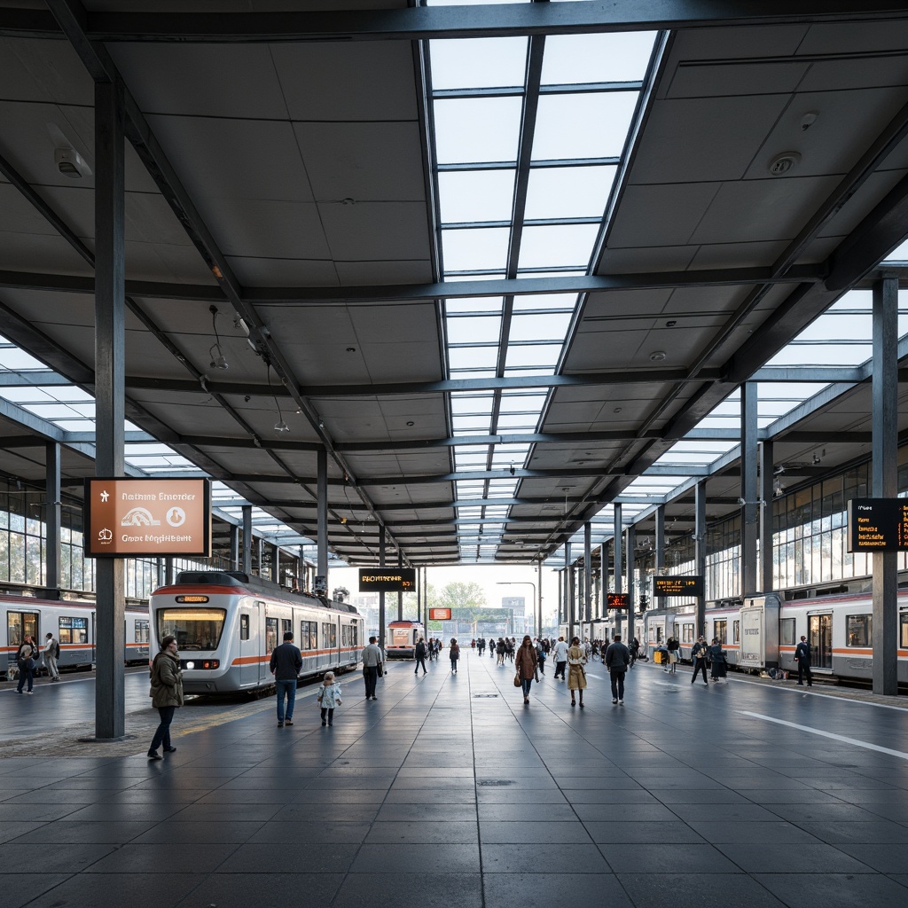 Prompt: Sleek train station, minimalist architecture, clean lines, neutral color palette, modern signage, wayfinding systems, digital displays, subtle lighting, stainless steel fixtures, glass roofs, open spaces, pedestrian flow, intuitive navigation, clear typography, simple iconography, real-time information, ambient soundscape, shallow depth of field, 1/2 composition, panoramic view, realistic textures, ambient occlusion.