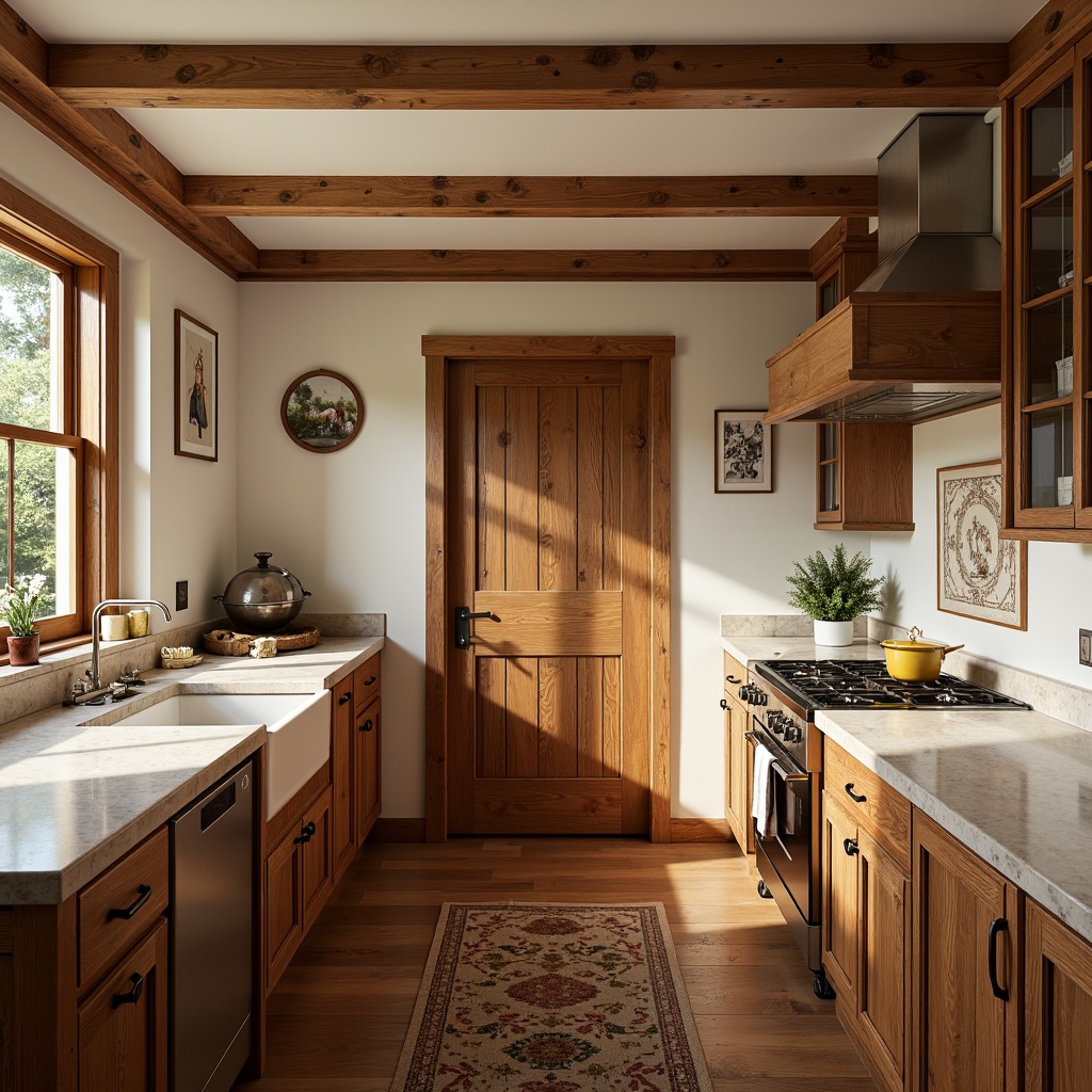 Prompt: Warm earthy tones, wooden cabinetry, natural stone countertops, rustic metal hardware, vintage appliances, distressed finishes, creamy whites, soft grays, warm beige, rich walnut wood, classic Shaker-style doors, ornate moldings, traditional craftsmanship, abundant natural light, softbox lighting, 1/2 composition, realistic textures, ambient occlusion.