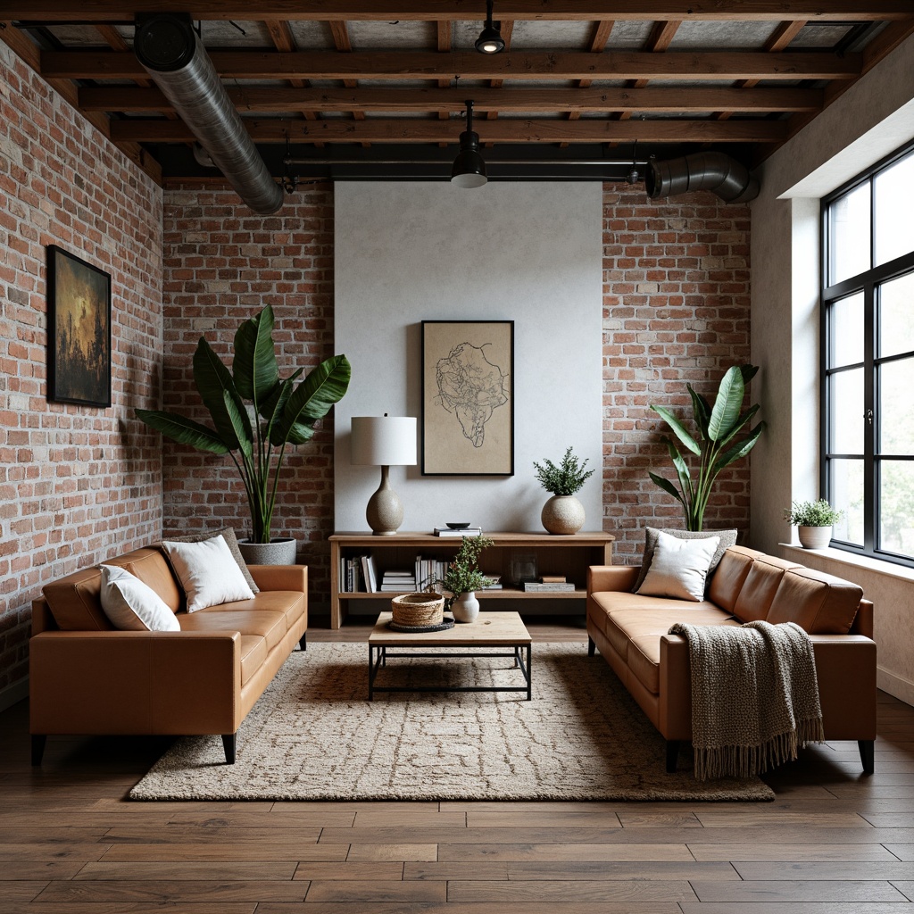 Prompt: Industrial-chic living room, exposed brick walls, metal beams, reclaimed wood floors, vintage factory windows, urban loft atmosphere, distressed leather sofas, chunky woven throw blankets, geometric patterned rugs, industrial-style lighting fixtures, concrete accent walls, minimalist decor, natural textiles, linen upholstery, cotton velvet pillows, woven basket coffee tables, rustic wooden accents, warm task lighting, shallow depth of field, 3/4 composition, realistic textures.