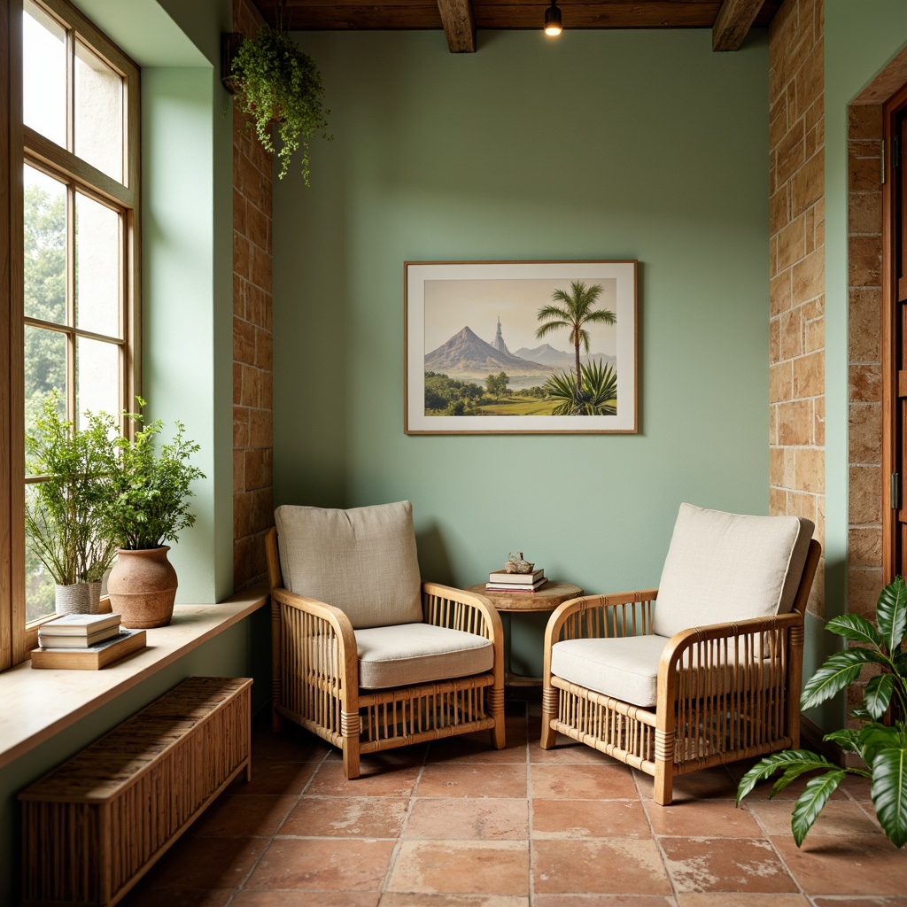 Prompt: Pastel mint walls, natural cork accents, earthy terracotta floors, woven rattan furniture, soft beige upholstery, distressed wood textures, organic botanical prints, warm golden lighting, shallow depth of field, 1/1 composition, intimate atmosphere, cozy reading nook, lush greenery, serene ambiance, realistic materials, subtle color gradations.