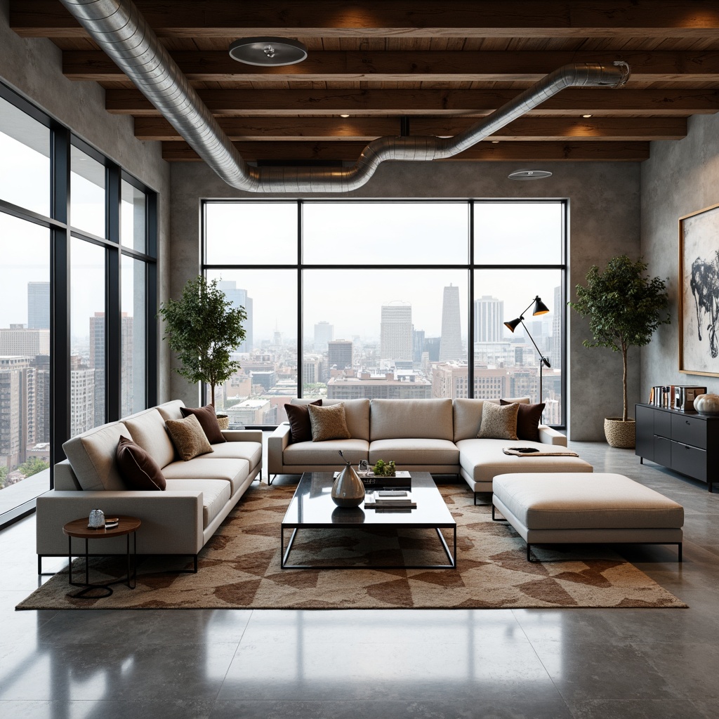 Prompt: Luxurious living room, metallic accents, sleek chrome legs, low-profile sofas, polished marble floors, modern minimalist decor, floor-to-ceiling windows, natural light pouring in, urban city views, industrial-chic exposed ductwork, reclaimed wood ceiling beams, metal-edged coffee tables, geometric-patterned rugs, matte-black lamp shades, warm ambient lighting, 1/1 composition, soft focus blur, realistic reflections.