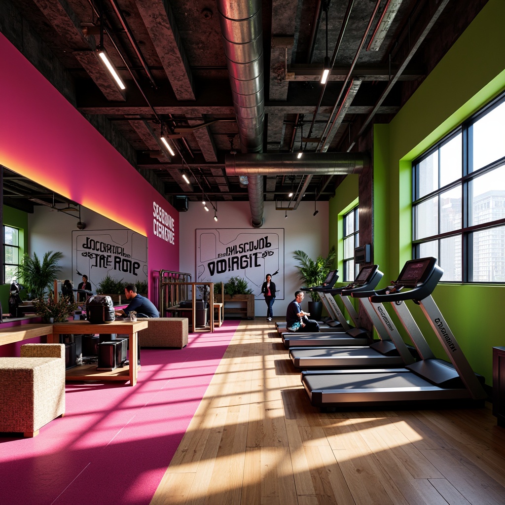 Prompt: Vibrant fitness studio, bold color scheme, energetic atmosphere, motivational quotes, sleek exercise equipment, mirrored walls, polished wood floors, modern LED lighting, refreshing green accents, industrial metal beams, urban loft-style windows, dynamic shadows, high-contrast textures, shallow depth of field, 1/2 composition, wide-angle lens, natural daylight, warm ambient glow.