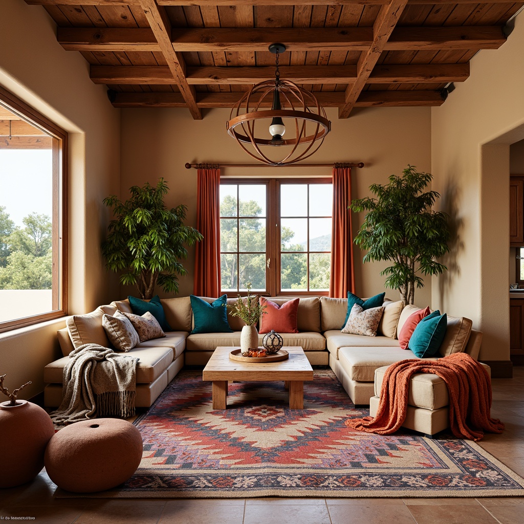 Prompt: Vibrant Southwestern interior, bold geometric patterns, colorful woven textiles, plush throw blankets, rustic wooden furniture, earthy terracotta pots, statement lighting fixtures, natural fiber rugs, warm beige walls, turquoise accents, Navajo-inspired designs, cozy reading nooks, oversized pillows, chunky knitted throws, soft ambient lighting, intimate scale, 1/2 composition, warm color palette.