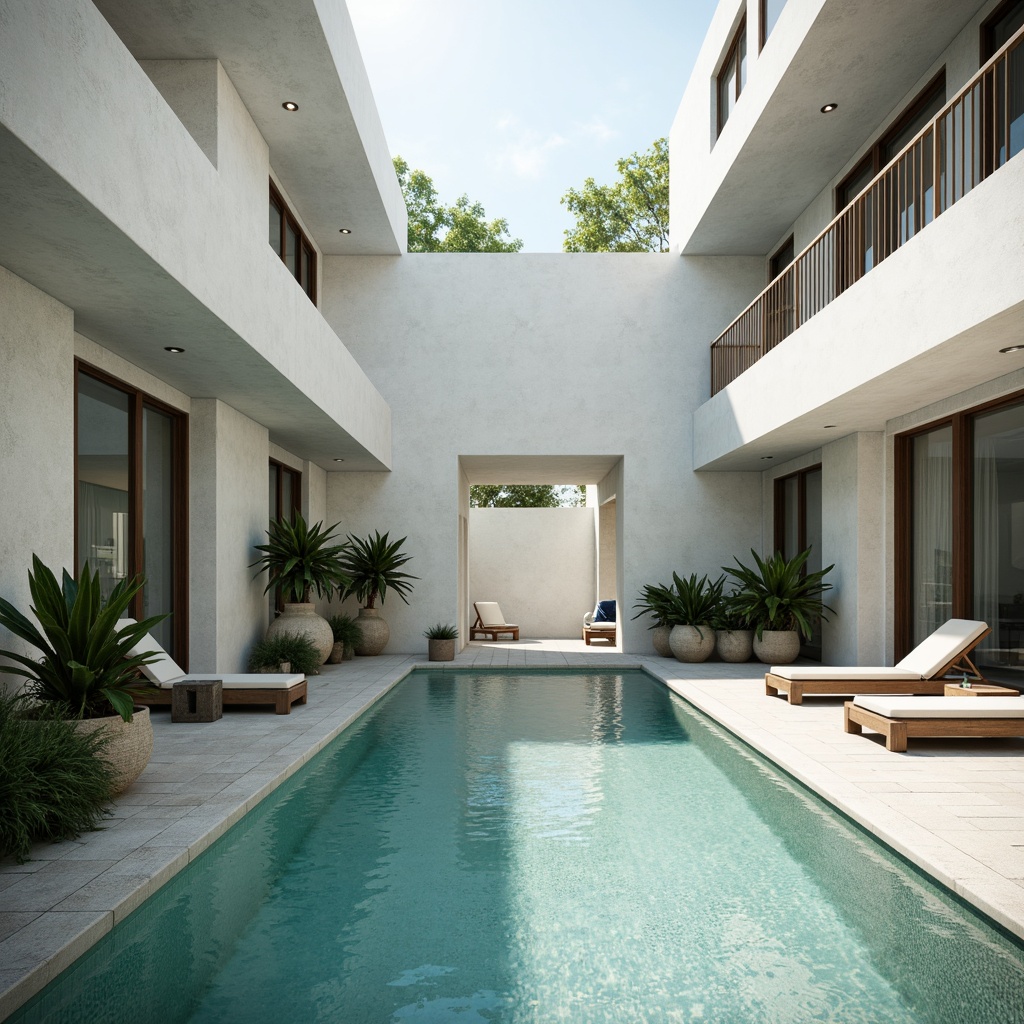 Prompt: Sleek swimming pool, minimalist design, open space, clean lines, rectangular shapes, calm turquoise water, subtle lighting, natural stone flooring, wooden deck chairs, modern lounge furniture, potted tropical plants, soft gentle misting, shallow depth of field, 1/1 composition, panoramic view, realistic textures, ambient occlusion.