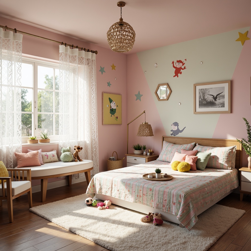 Prompt: Whimsical children's bedroom, vibrant color palette, playful polka dots, soft cuddly toys, fluffy area rug, cozy reading nook, wooden furniture, painted murals, fantastical creatures, sparkly chandeliers, delicate lace curtains, textured wall decals, 3D decorative shapes, lively patterned bedding, plush pillows, sweet pastel hues, natural morning light, shallow depth of field, 1/2 composition, warm soft focus.