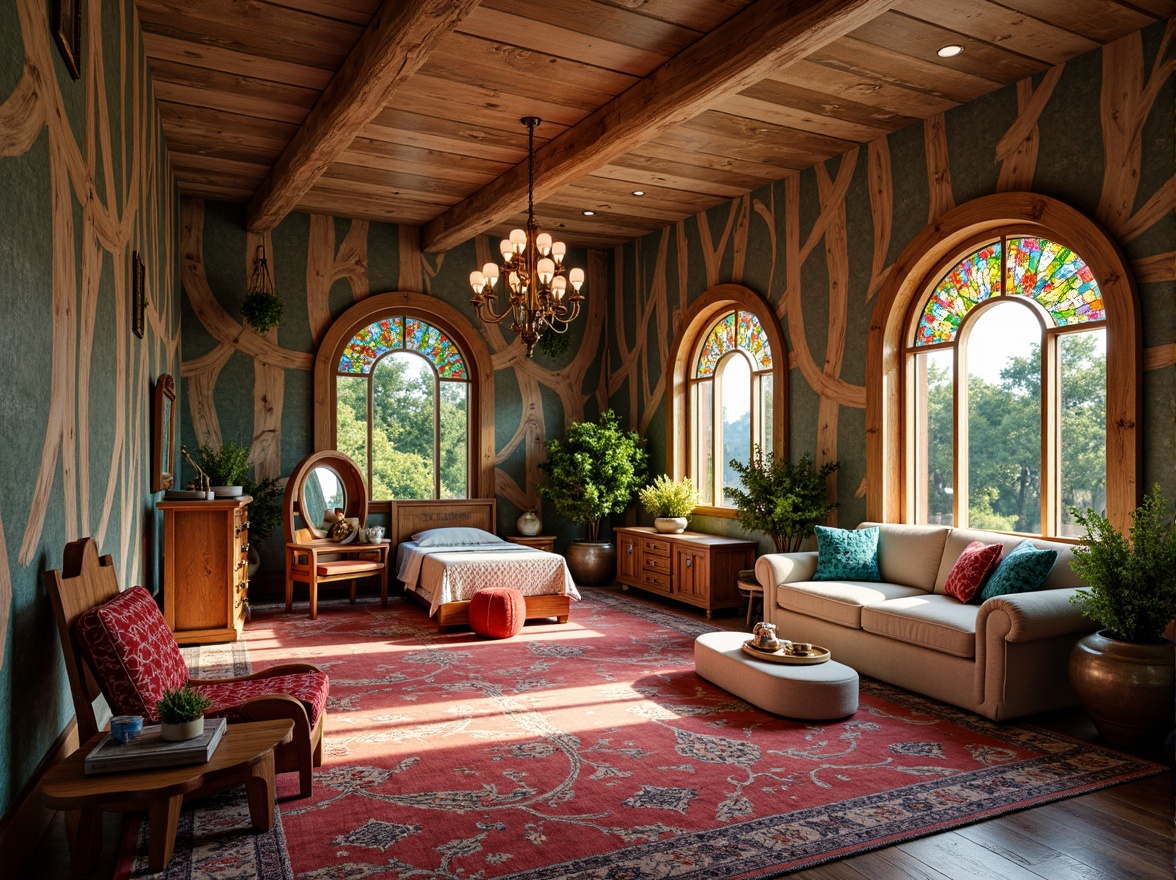 Prompt: Whimsical kids' room, ornate wooden furniture, sinuous lines, flowing curves, organic forms, stained glass windows, vibrant colors, intricate patterns, botanical motifs, natural materials, velvet fabrics, tufted upholstery, bronze hardware, grandiose chandeliers, soft warm lighting, shallow depth of field, 3/4 composition, realistic textures, ambient occlusion.