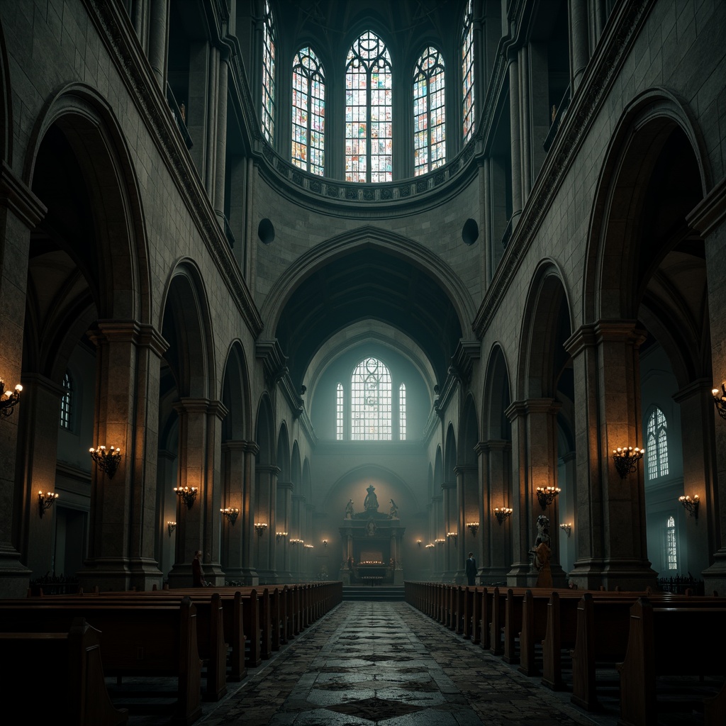 Prompt: Mysterious abandoned cathedral, grandiose vaulted ceilings, stained glass windows, intricate stone carvings, eerie candlelight, foggy misty atmosphere, dimly lit corridors, mysterious shadows, ominous archways, ornate wooden pews, hauntingly beautiful frescoes, dramatic beam lighting, cinematic composition, low-key softbox lighting, subtle volume fog, realistic textures, high-dynamic-range imaging.