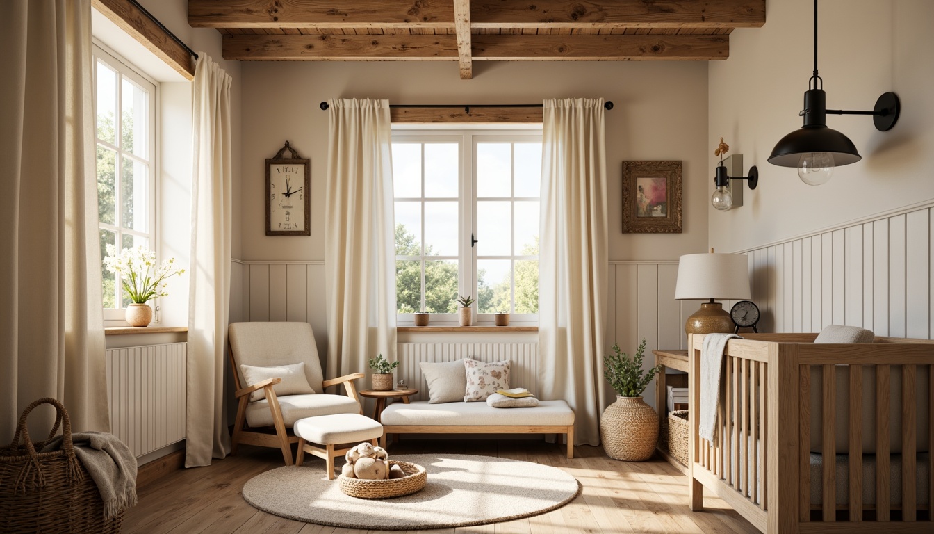 Prompt: Whimsical baby room, farmhouse style, warm beige walls, rustic wood accents, soft cream curtains, vintage metal lanterns, distressed wooden ceiling beams, natural woven baskets, plush area rug, cozy reading nook, gentle warm lighting, pendant lamps with linen shades, mercury glass pendant lights, matte black metal sconces, softbox lighting, 1/1 composition, intimate atmosphere, subtle texture details.