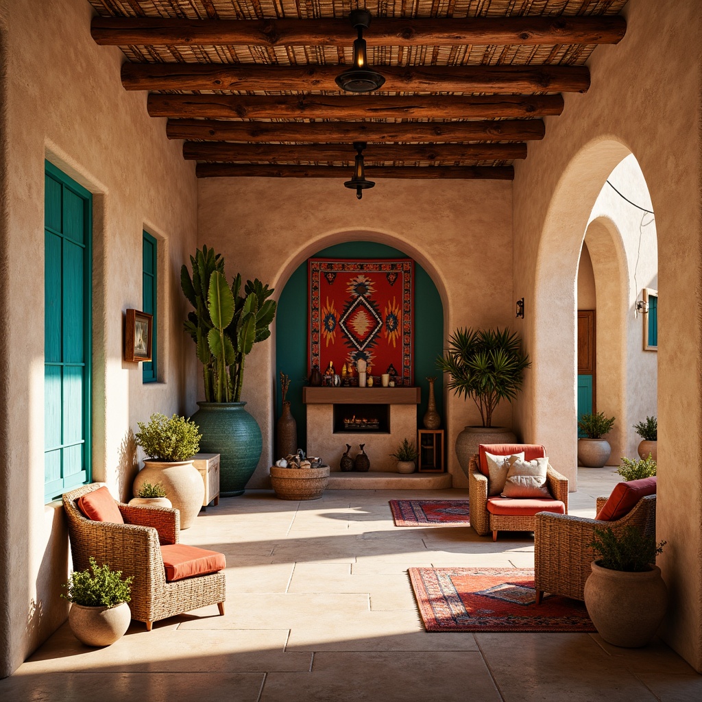 Prompt: Vibrant turquoise accents, rustic wooden beams, earthy adobe walls, intricate Native American patterns, colorful woven textiles, geometric tile work, lush cacti arrangements, warm desert sunlight, soft warm lighting, shallow depth of field, 1/1 composition, realistic textures, ambient occlusion, Spanish-inspired archways, ornate metal fixtures, bold red and orange hues, natural stone flooring, cozy fireplace nooks.